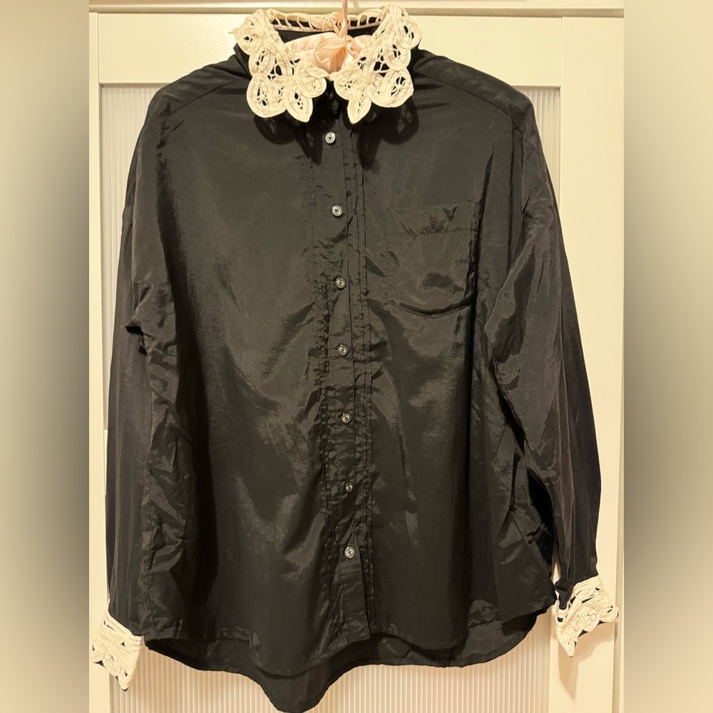 Japanese brand Black button down shirt with lace collar and cuffs